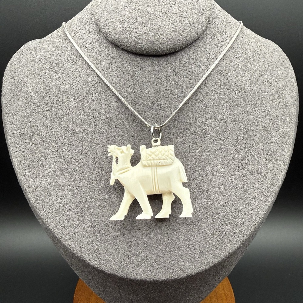 Vintage Hand Carved Bovine Bone Camel Pendant Necklace Silver Tone Snake Chain